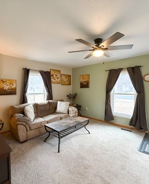 Couch, coffee table, no rush